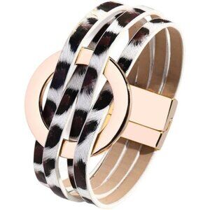 Black White Charm Leather Wrap Bracelet Handmade Cuff Bracelets for Women